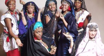 Beautiful Women of Songhai cultural troupe at Mali performing traditional folkloric dance.